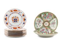 A Collection of Eight Chinese Export Armorial Porcelain Plates and a Pair of Monogrammed Rose Medallion Plates