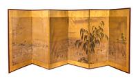 A Japanese Six-Fold Floor Screen Height 45 3/4 x width of each panel 18 1/4 inches.