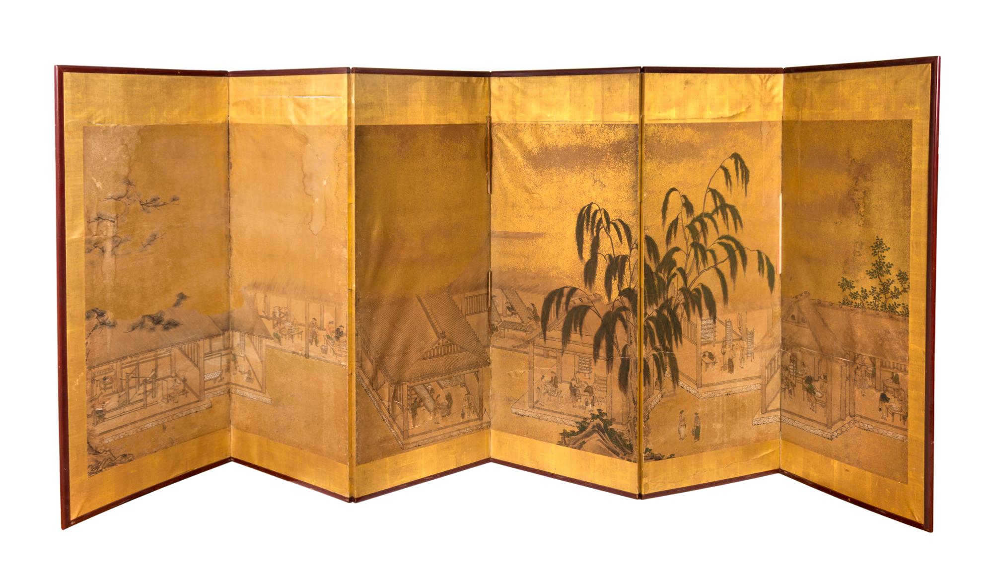 A Japanese Six-Fold Floor Screen Height 45 3/4 x width of each panel 18 1/4 inches.