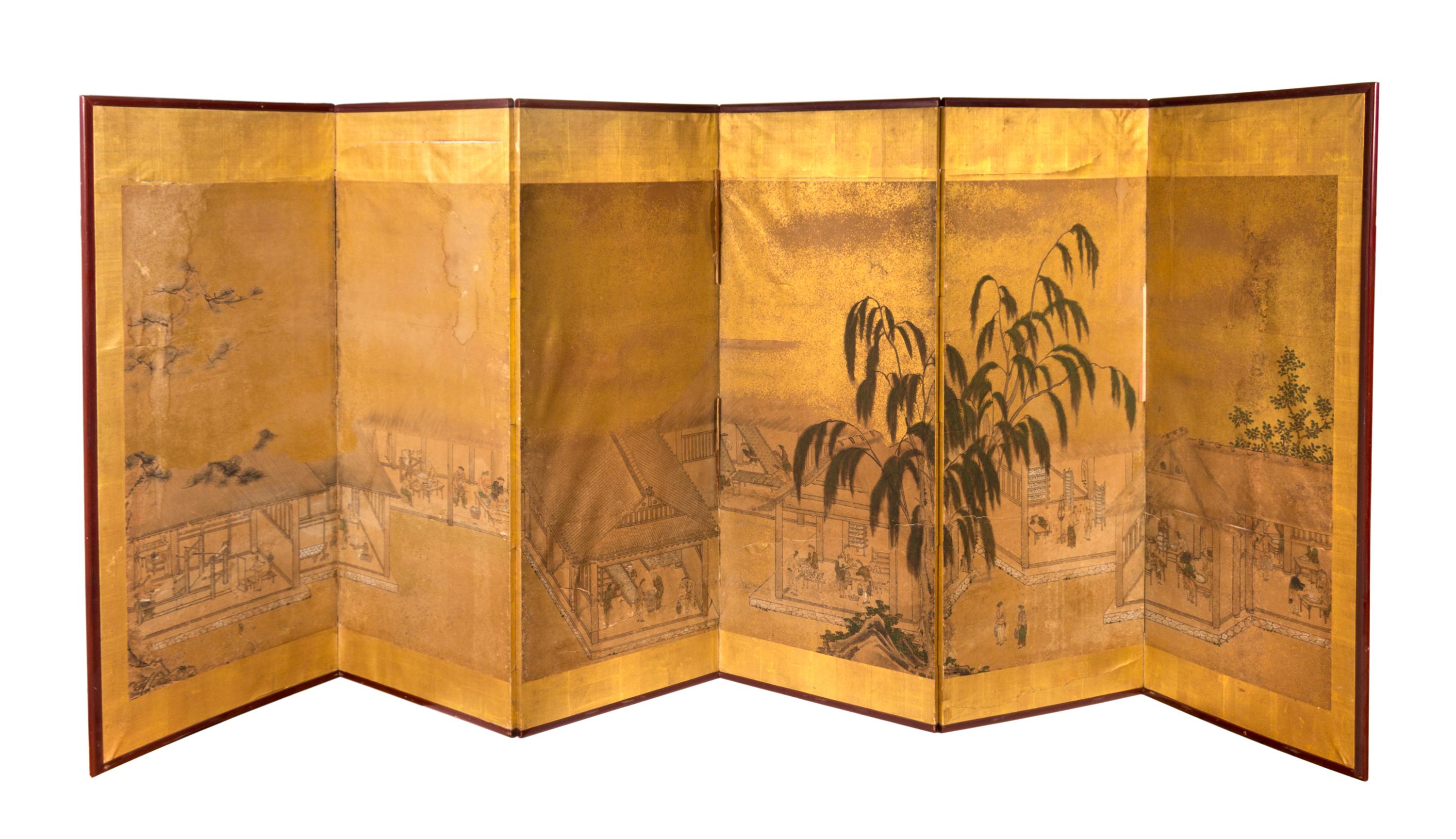 A Japanese Six-Fold Floor Screen Height 45 3/4 x width of each panel 18 1/4 inches.