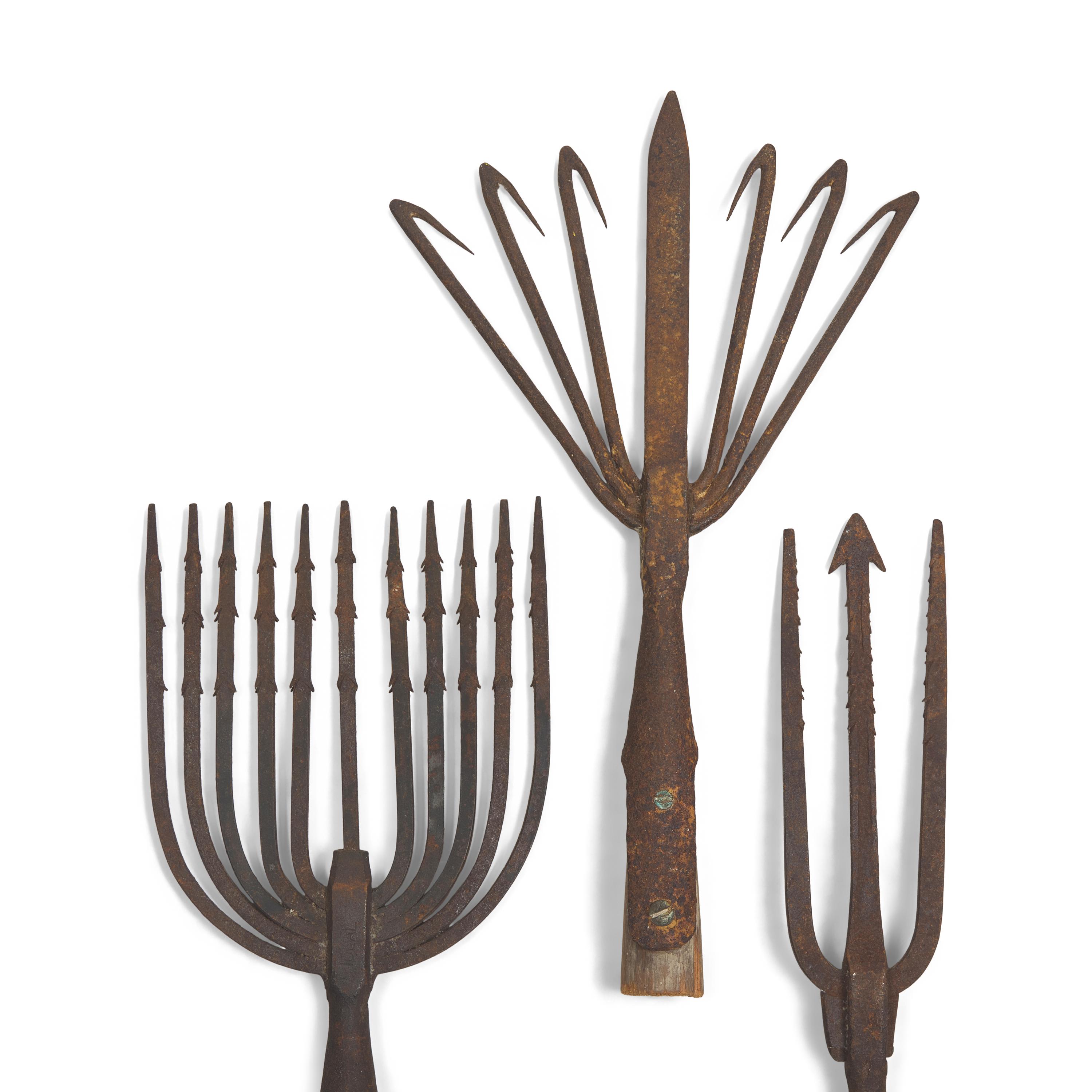 A Collection of Twenty Wrought Iron Eel Forks and Whaling Implements