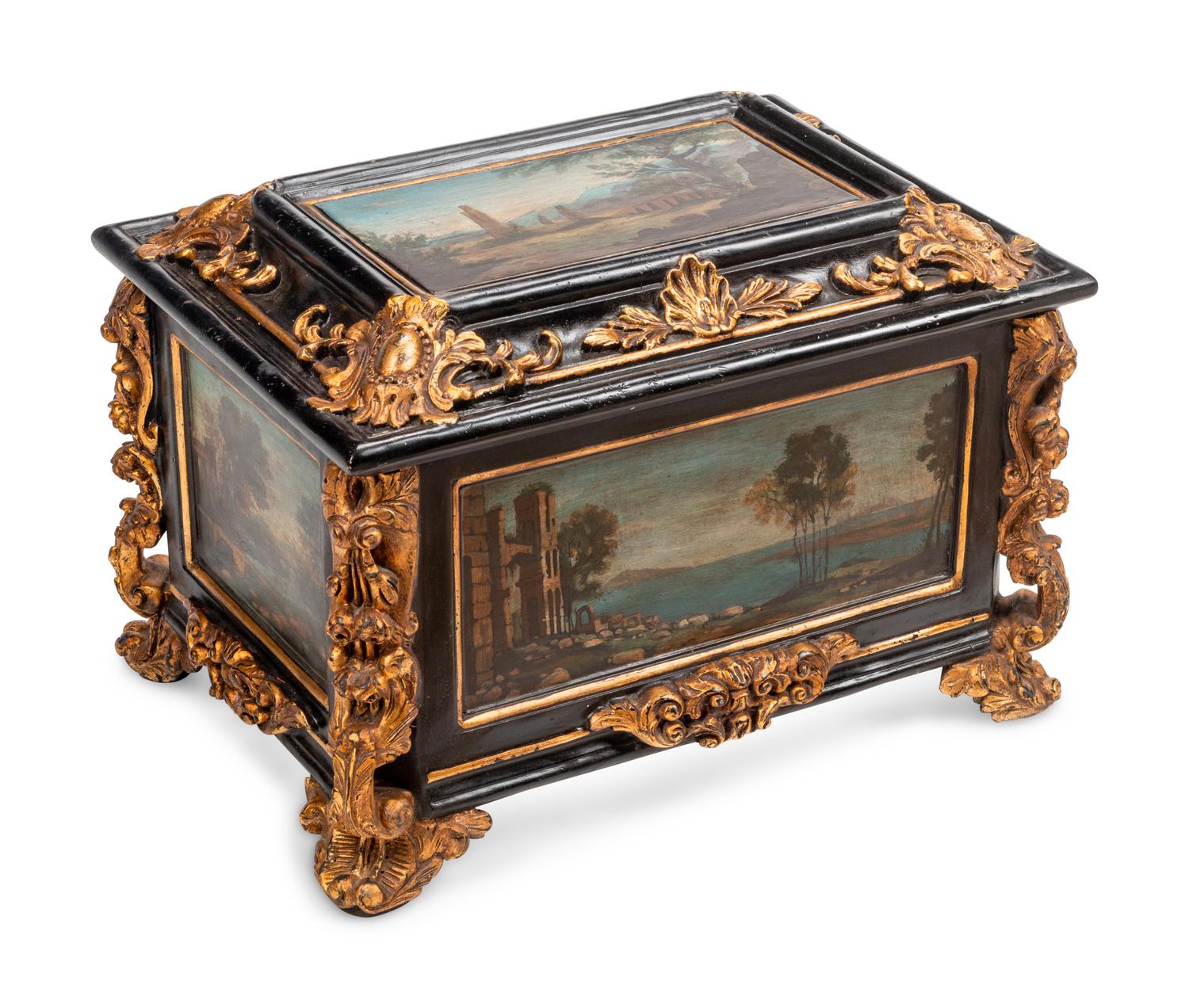 An Italian Baroque Style Painted and Parcel Gilt Table Casket