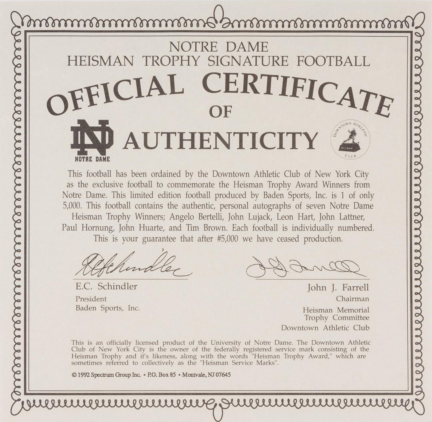 A Notre Dame Heisman Trophy Winners Signed Autograph Limited Edition Football,