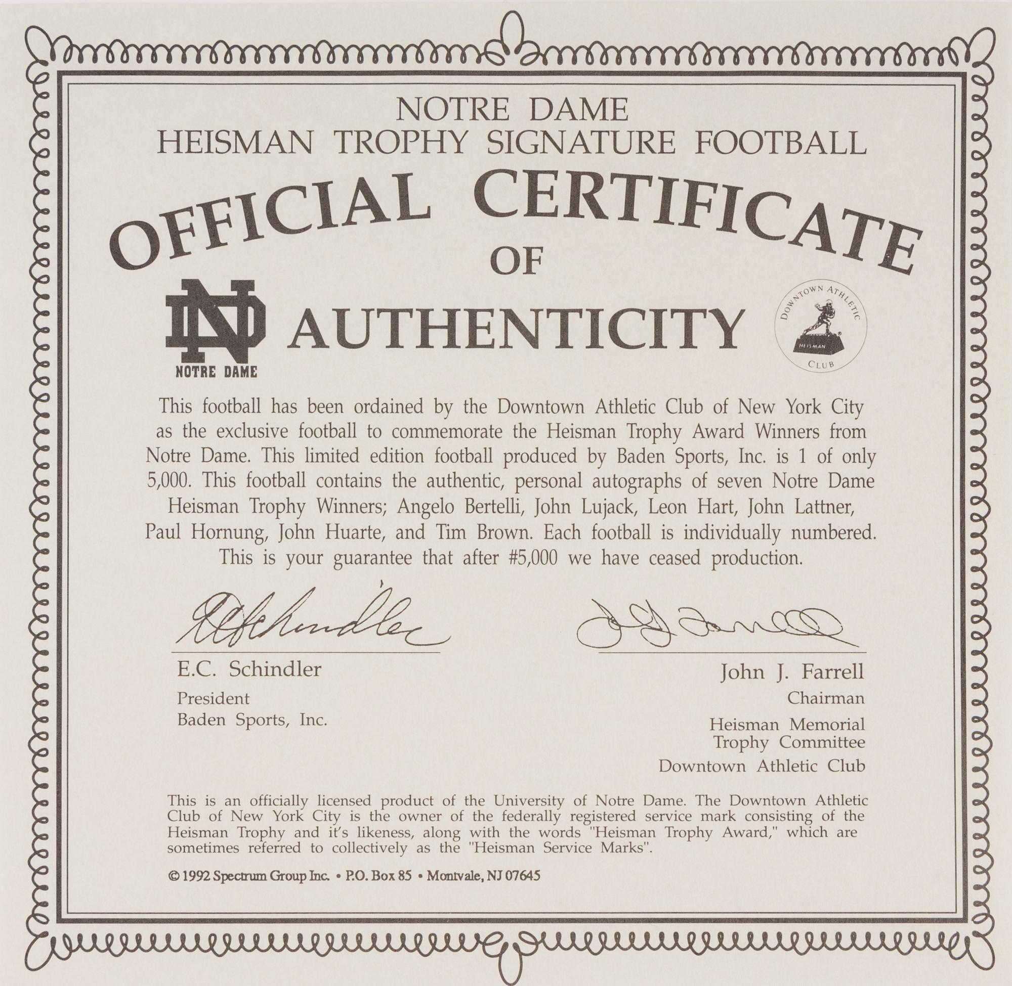 A Notre Dame Heisman Trophy Winners Signed Autograph Limited Edition Football,