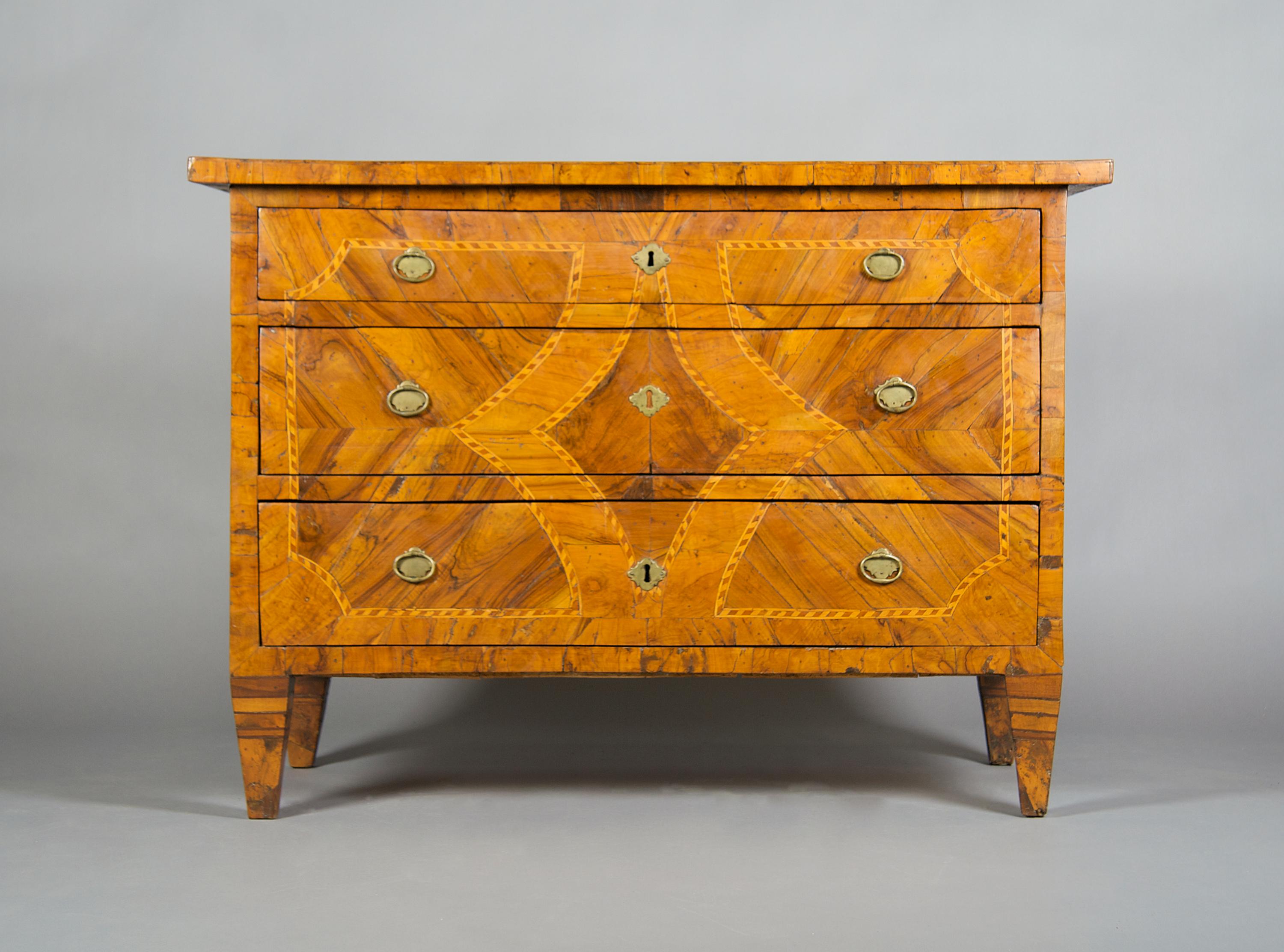 A Continental Parquetry Commode, Height 33 1/2 x width 47 x depth 23 3/4 inches.