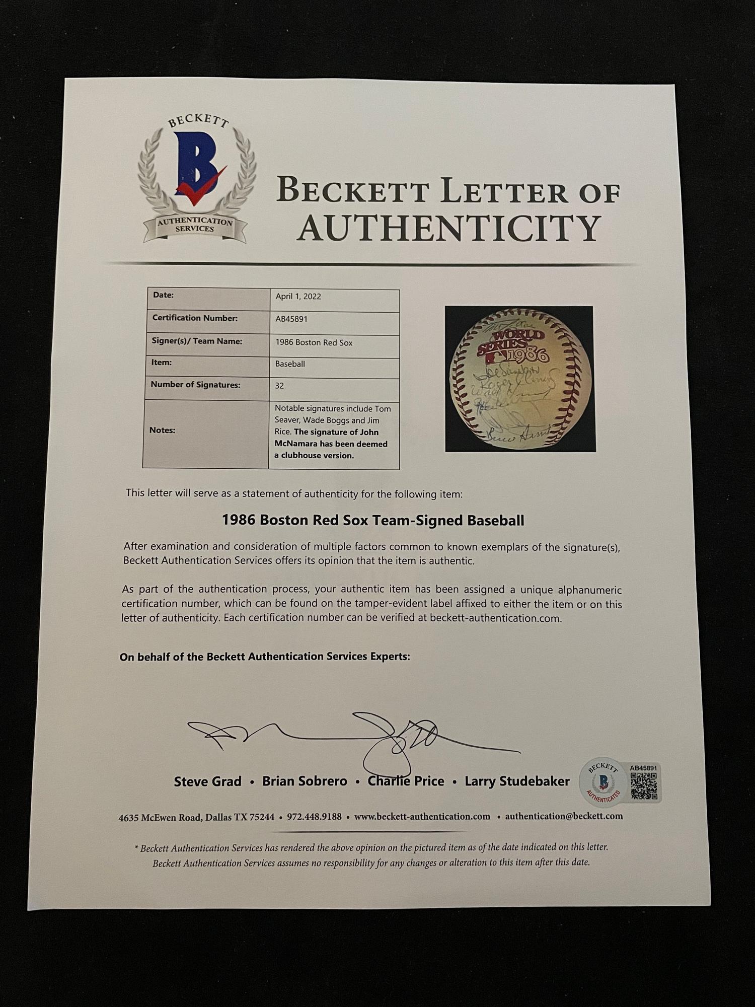 A 1986 Boston Red Sox American League Champions Team Signed Autograph Baseball with 32 Signatures (Beckett Authentication Services Letter BAS Certified),