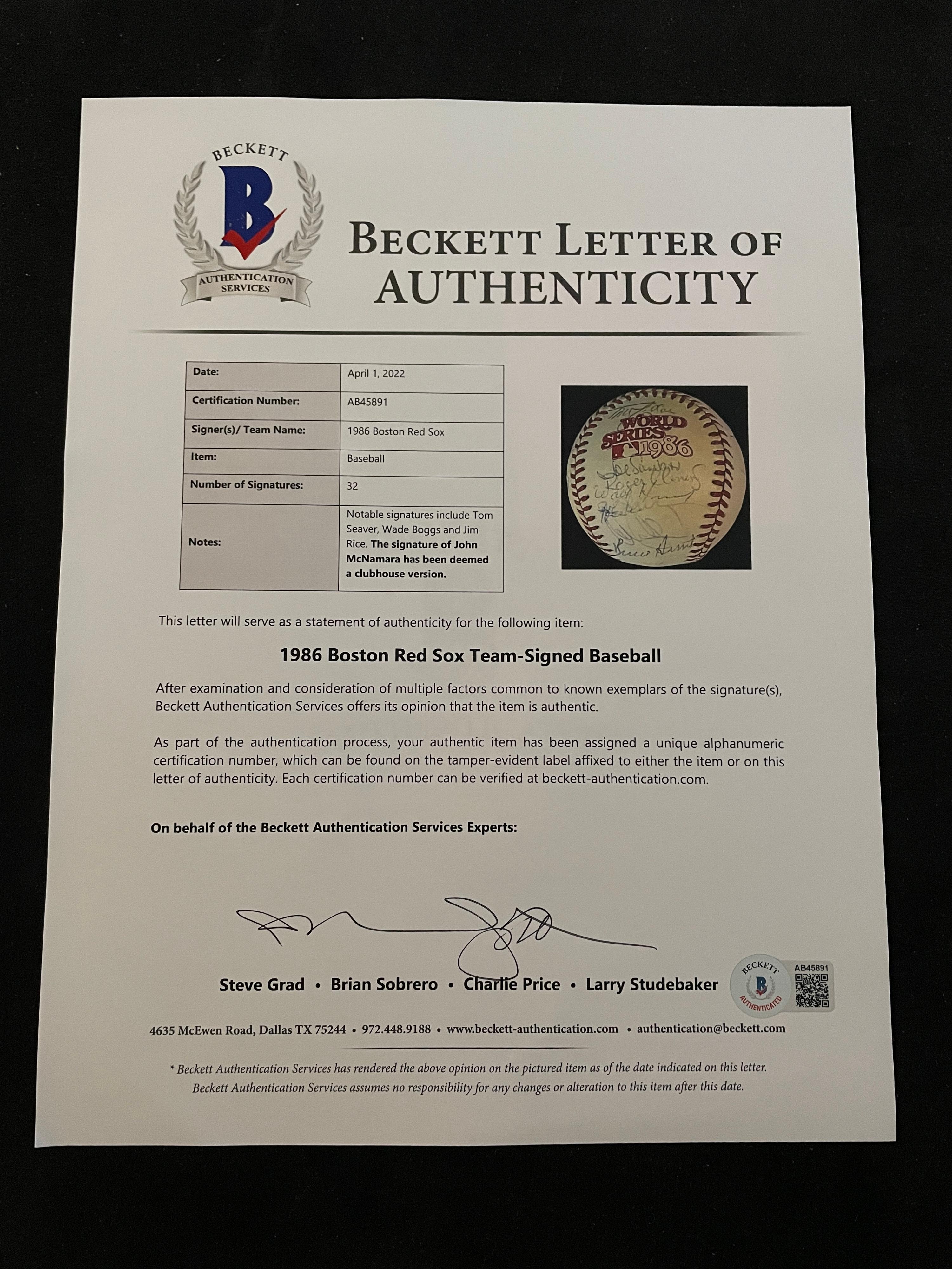A 1986 Boston Red Sox American League Champions Team Signed Autograph Baseball with 32 Signatures (Beckett Authentication Services Letter BAS Certified),