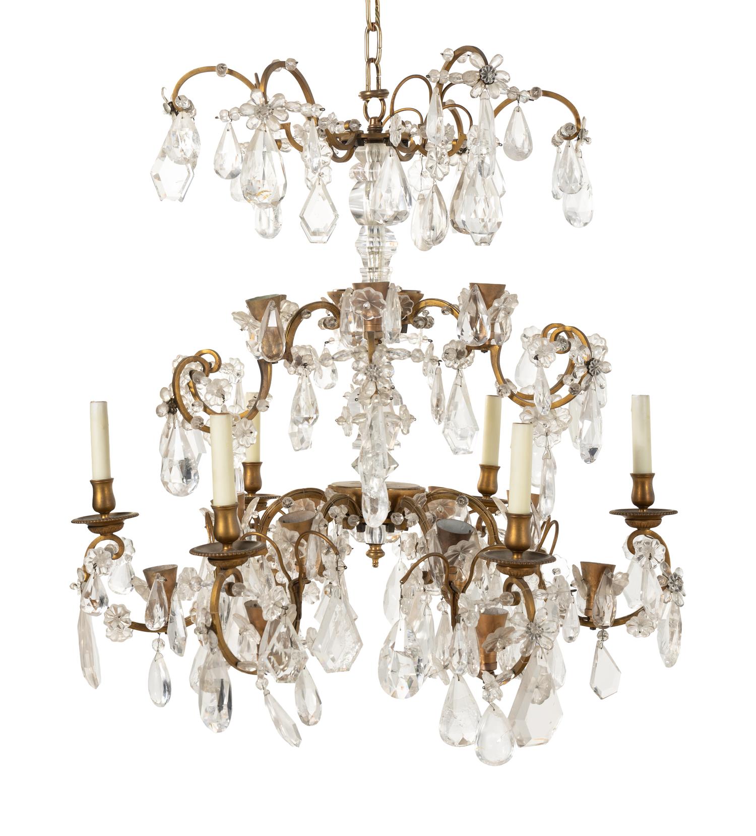 A Pair of Continental Gilt Bronze, Cut Glass and Rock Crystal Chandeliers
