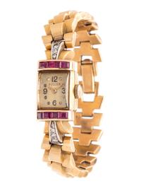 RETRO, 14K YELLOW GOLD, SYNTHETIC RUBY AND DIAMOND WRISTWATCH