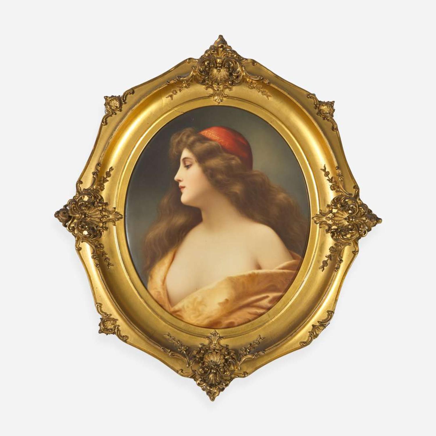 A KPM style painted porcelain plaque depicting Gitana late 19th century