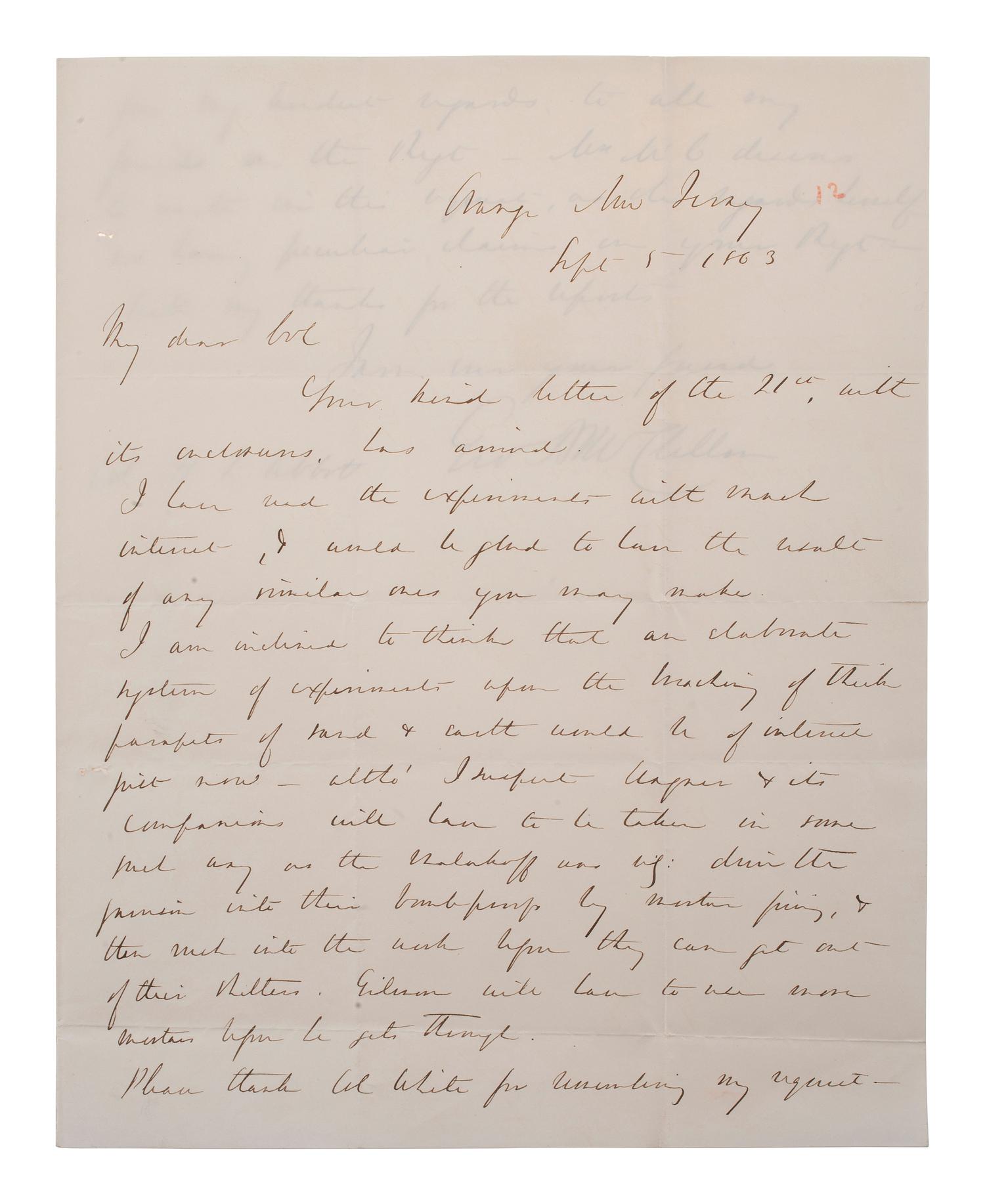 MCCLELLAN, George B. (1826-1885). Autograph letter signed ("Geo McClellan") to Colonel H.L. Abbott, regarding the taking of Fort Wagner. Orange, New Jersey, 5 September 1863.