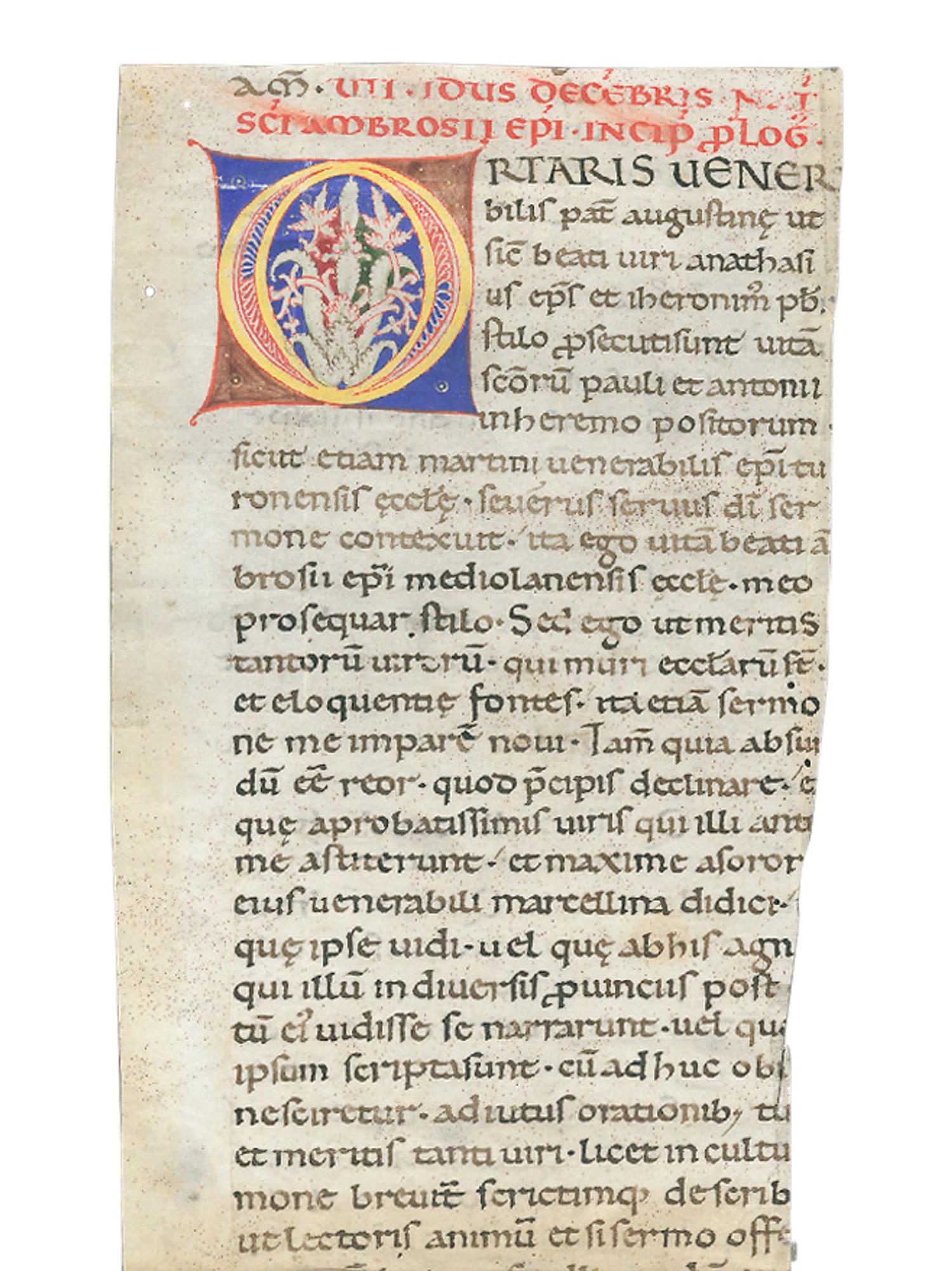 ITALIAN ROMANESQUE ARTIST A partial leaf from a Vita Sancti Ambrosii , with an illuminated initial ‘O’, in Latin, illuminated manuscript on parchment [Italy, Tuscany, c. 1150-1175]