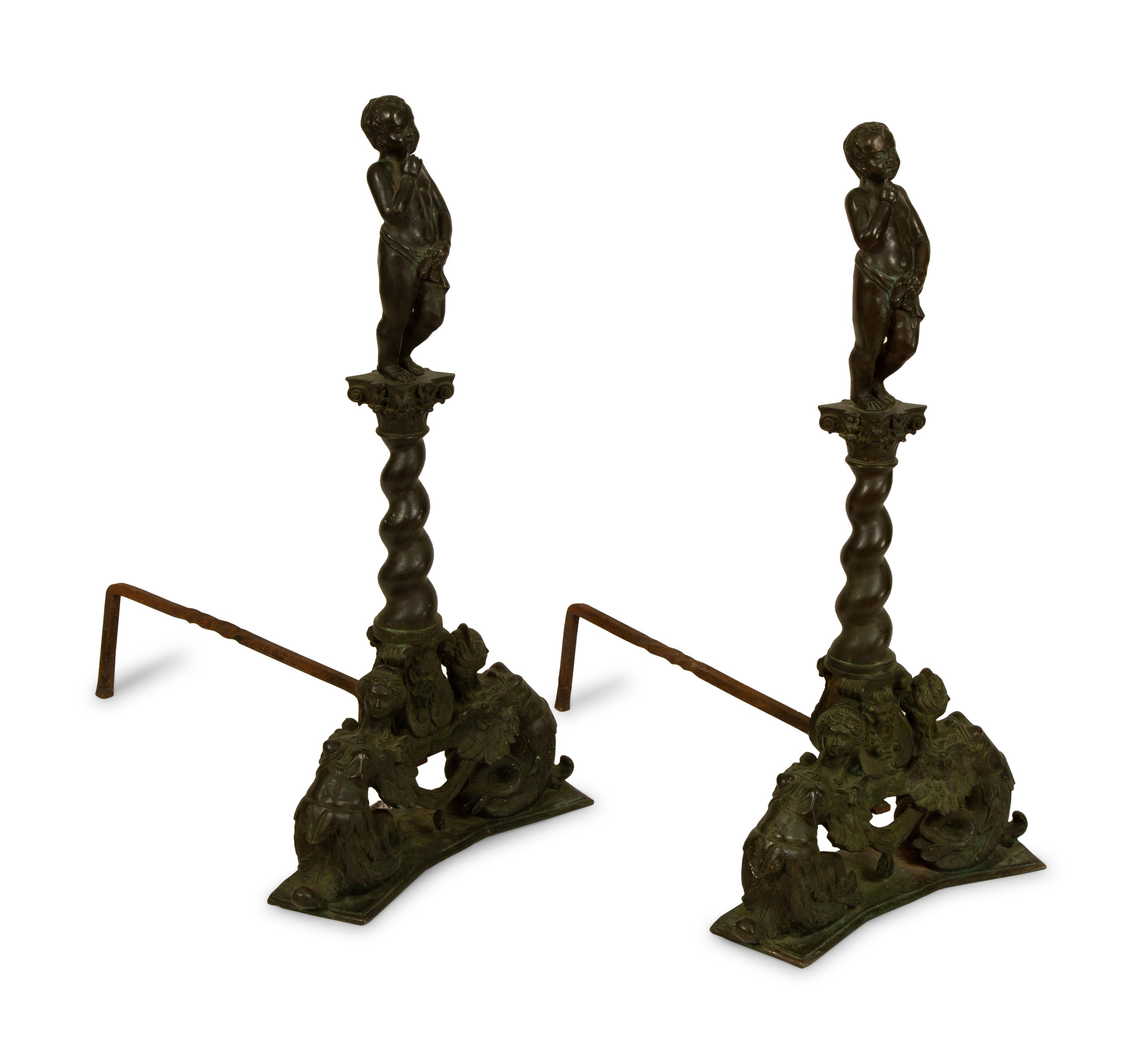 A Pair of Continental Baroque Style Bronze Figural Andirons — 19TH/20TH CENTURY