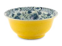 A Large Chinese Yellow Glazed Blue and White Decorated Porcelain Bowl