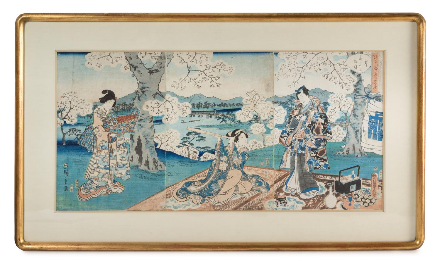Utagawa Hiroshige and Utagawa Toyokuni, (1797-1858, 1786-1865), depicting two geishas and one male observing cherry blossoms in an outd