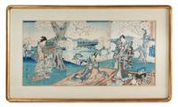 Utagawa Hiroshige and Utagawa Toyokuni, (1797-1858, 1786-1865), depicting two geishas and one male observing cherry blossoms in an outd