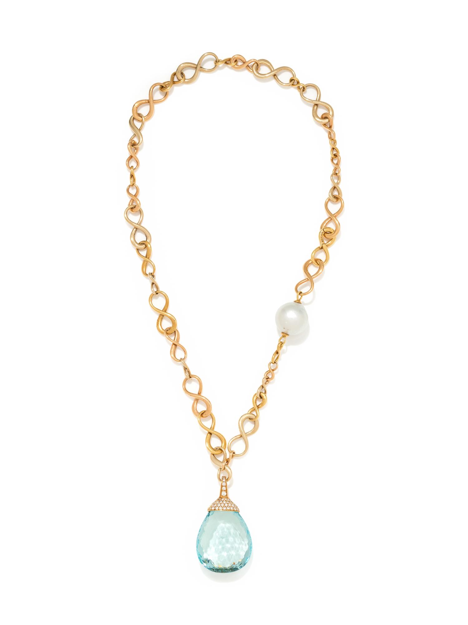 YELLOW GOLD, CULTURED SOUTH SEA PEARL, AQUAMARINE AND DIAMOND PENDANT/NECKLACE