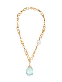 YELLOW GOLD, CULTURED SOUTH SEA PEARL, AQUAMARINE AND DIAMOND PENDANT/NECKLACE
