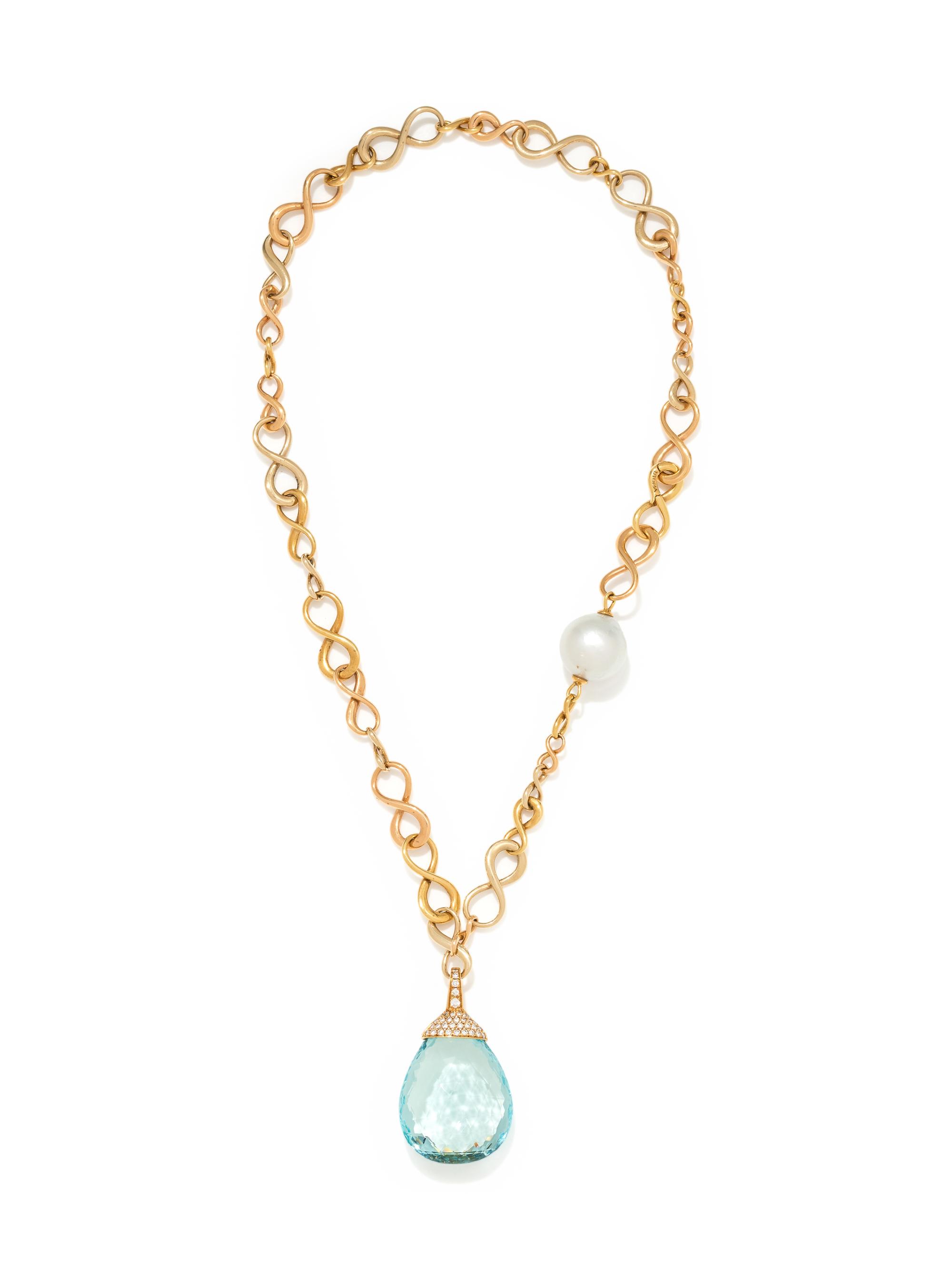 YELLOW GOLD, CULTURED SOUTH SEA PEARL, AQUAMARINE AND DIAMOND PENDANT/NECKLACE
