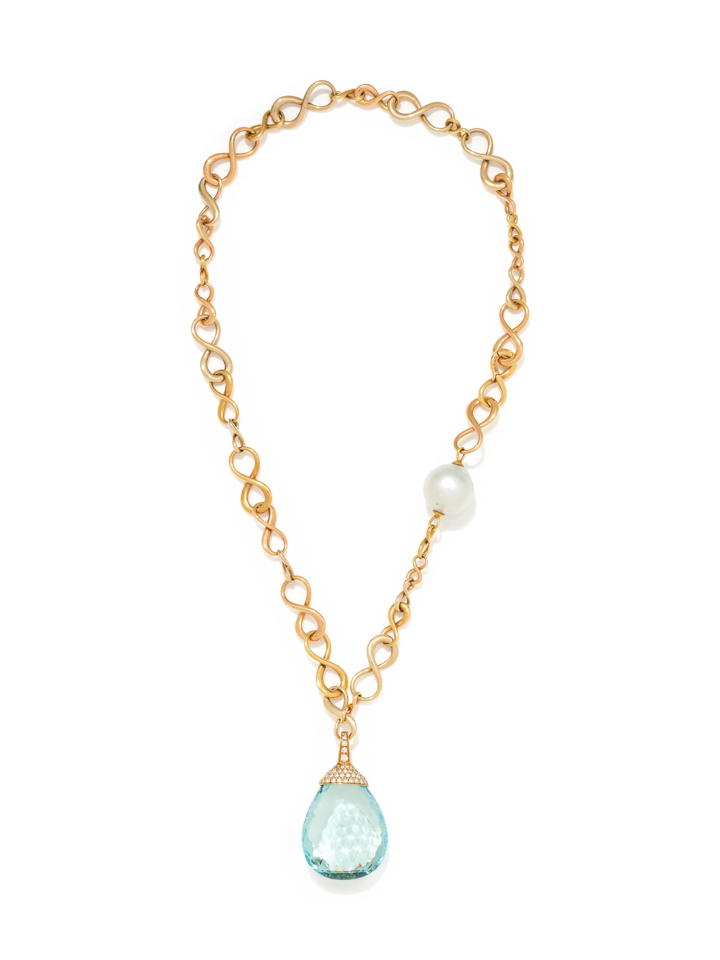 YELLOW GOLD, CULTURED SOUTH SEA PEARL, AQUAMARINE AND DIAMOND PENDANT/NECKLACE