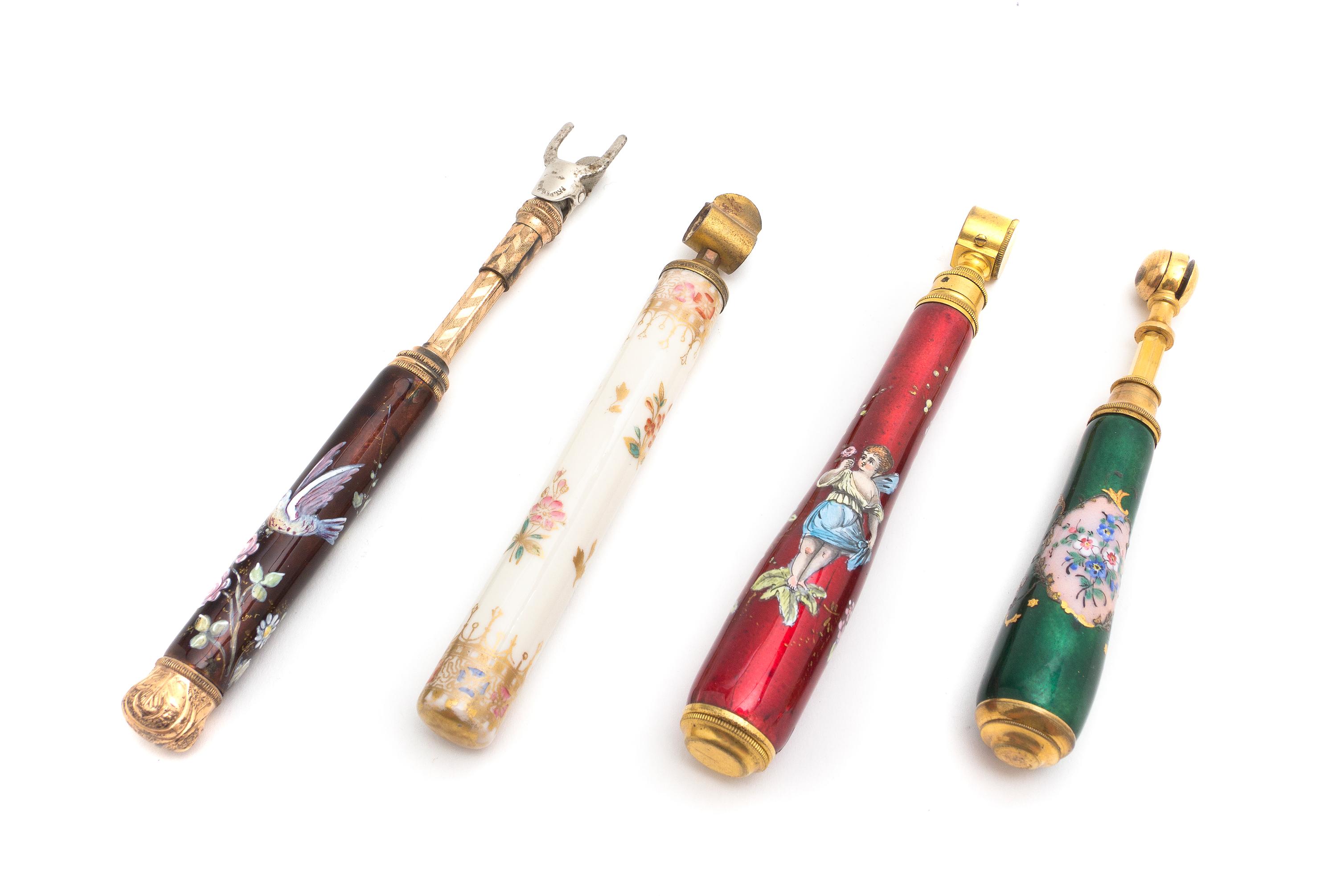 Four Continental Opera Glass Holders, Length of longest 6 5/8 inches (closed).