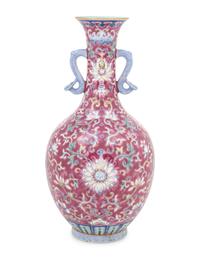 A Chinese Ruby Ground Famille Rose Porcelain Vase