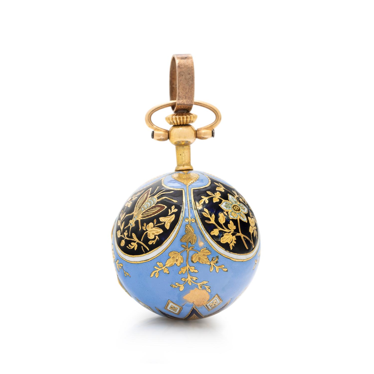 ANTIQUE, ENAMEL AND YELLOW GOLD PENDANT BALL WATCH