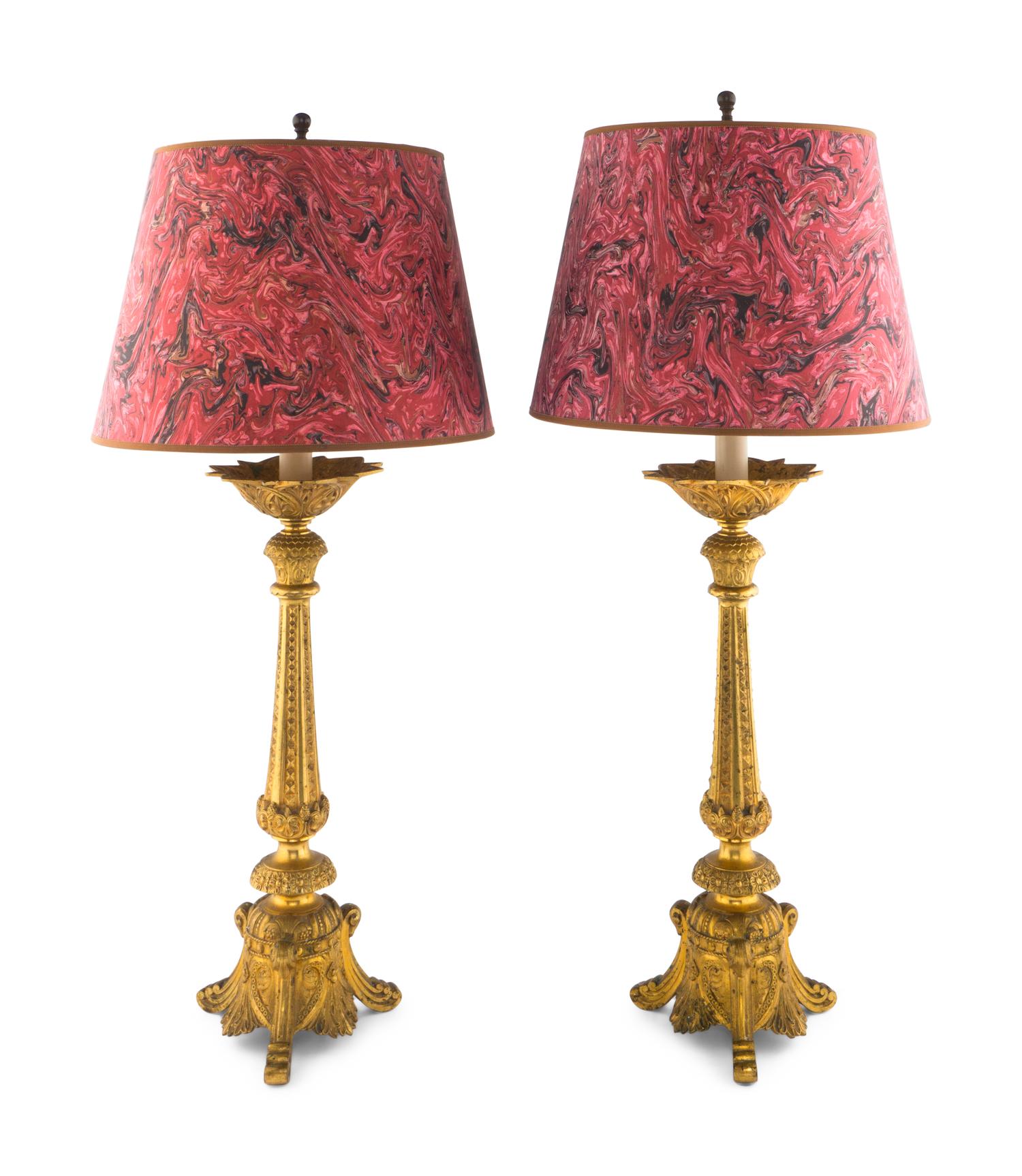 A Pair of French Gilt Bronze Prickets Mounted as Lamps