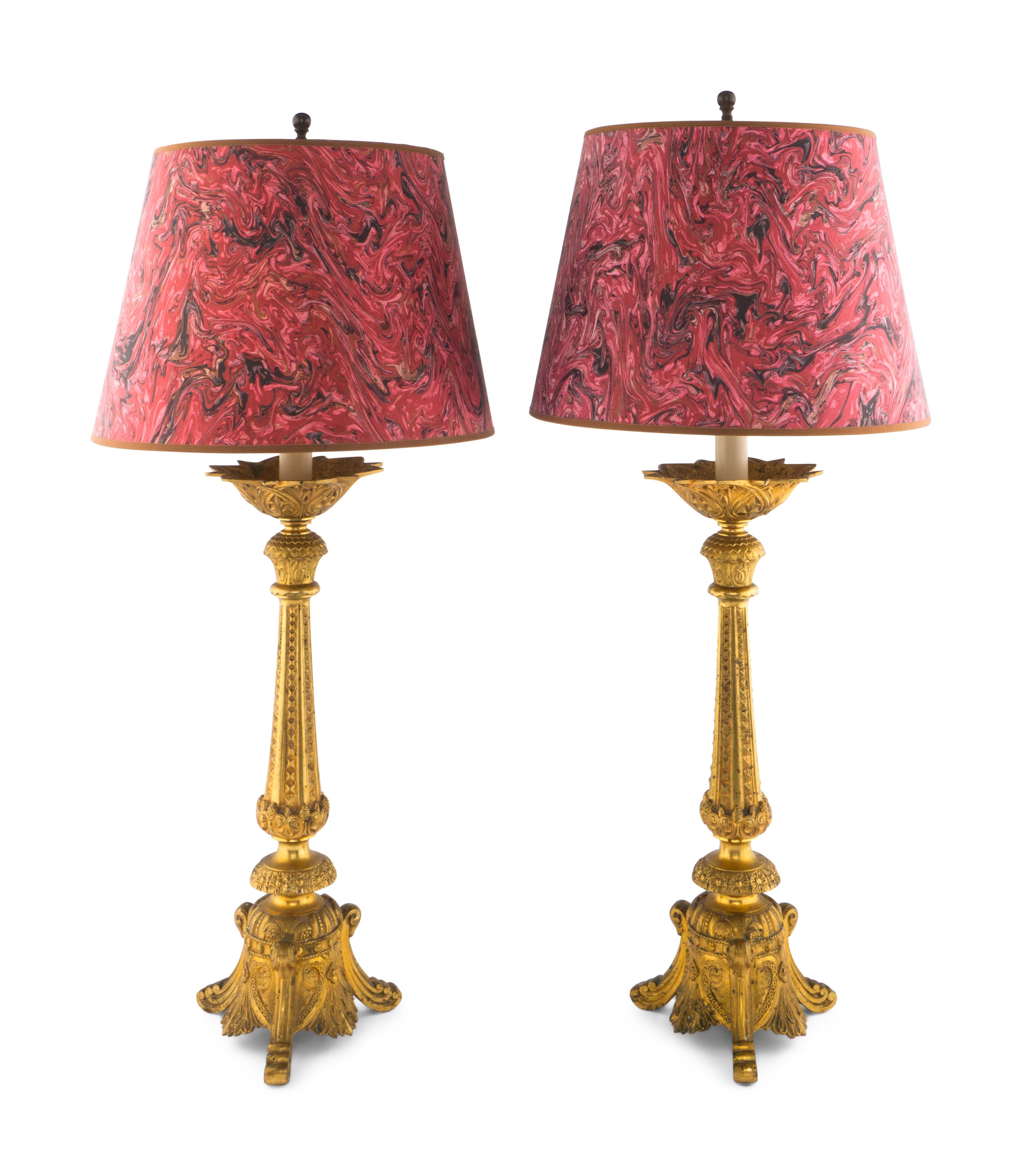 A Pair of French Gilt Bronze Prickets Mounted as Lamps