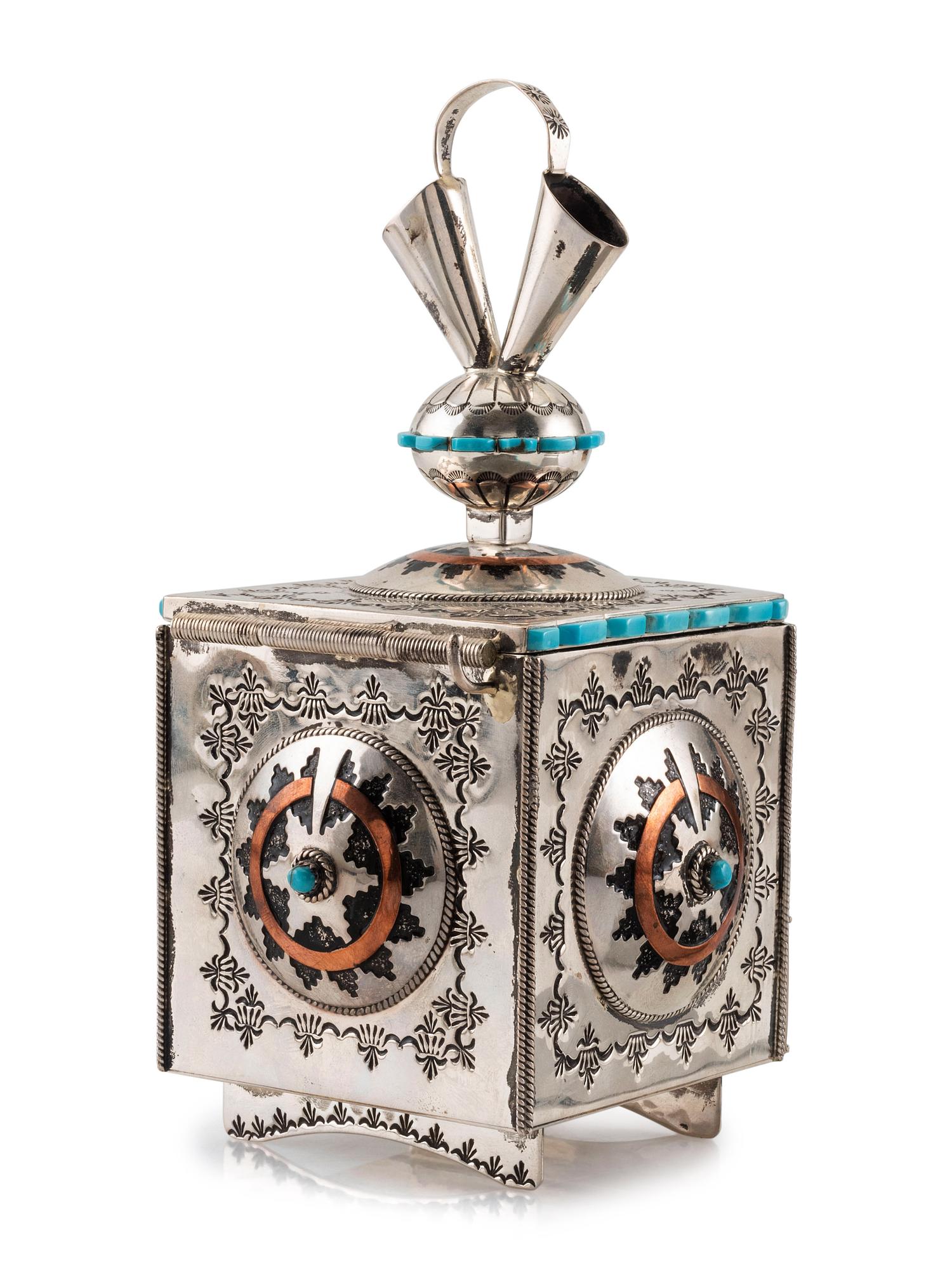 Heavily Stamped Sterling Silver Jewelry Box, Set with Turquoise