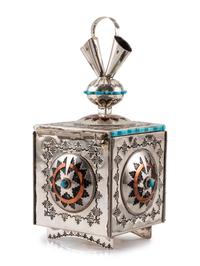Heavily Stamped Sterling Silver Jewelry Box, Set with Turquoise