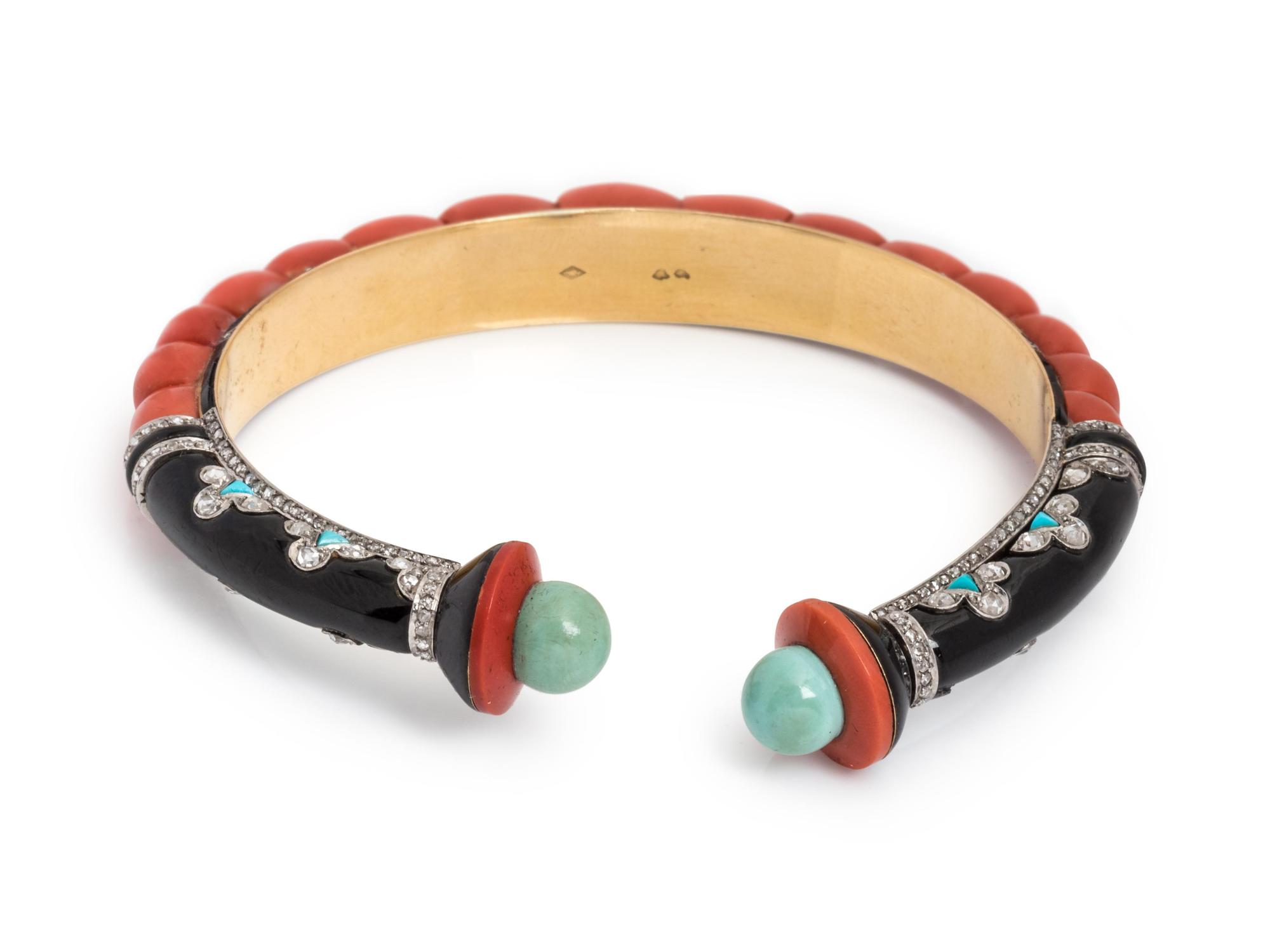 Magnier et Pincon, Art Deco, Coral, Onyx, Turquoise, Diamond and Enamel Cuff Bracelet