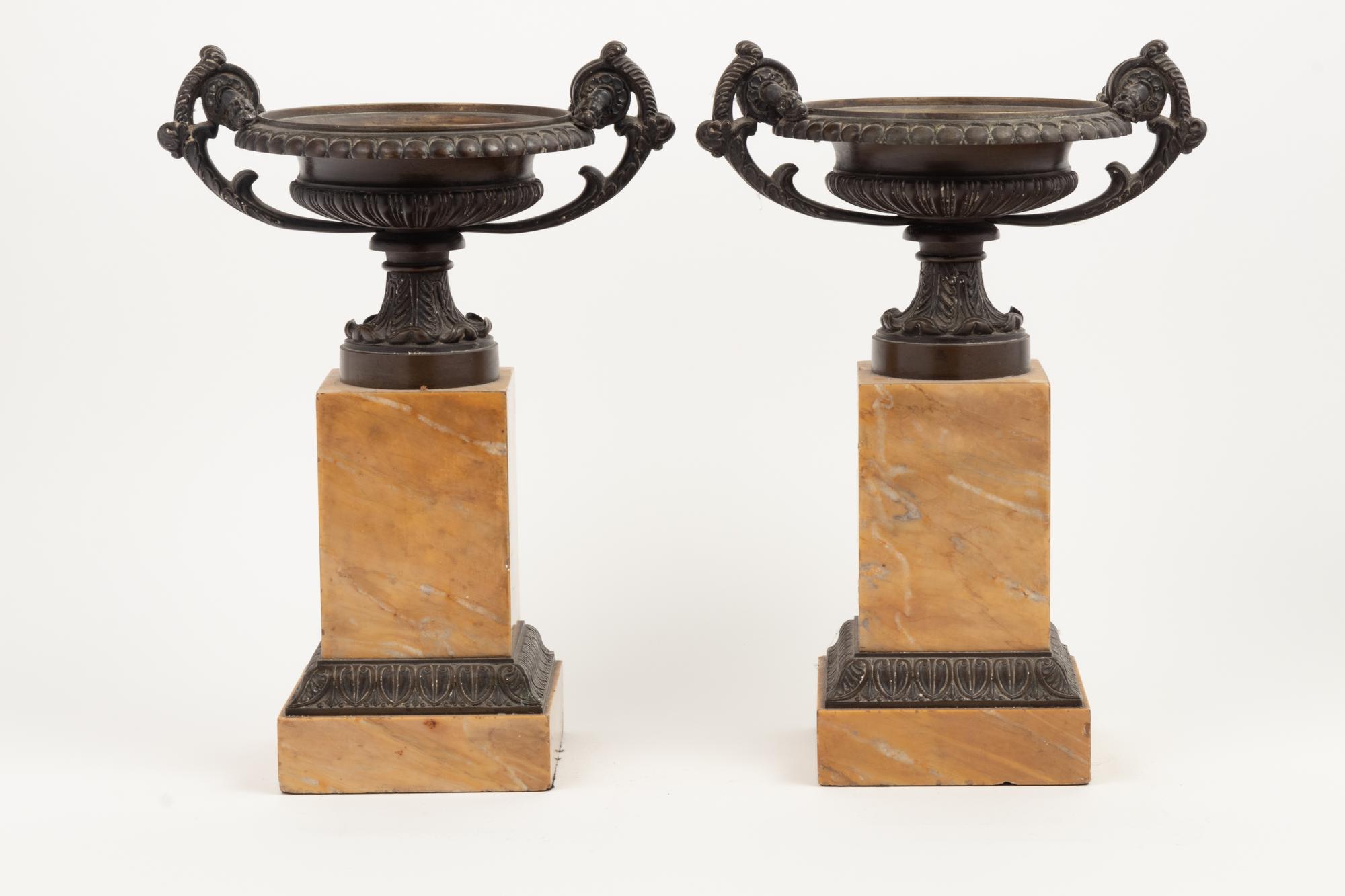 A Pair of Grand Tour Bronze Tazze On Marble Bases