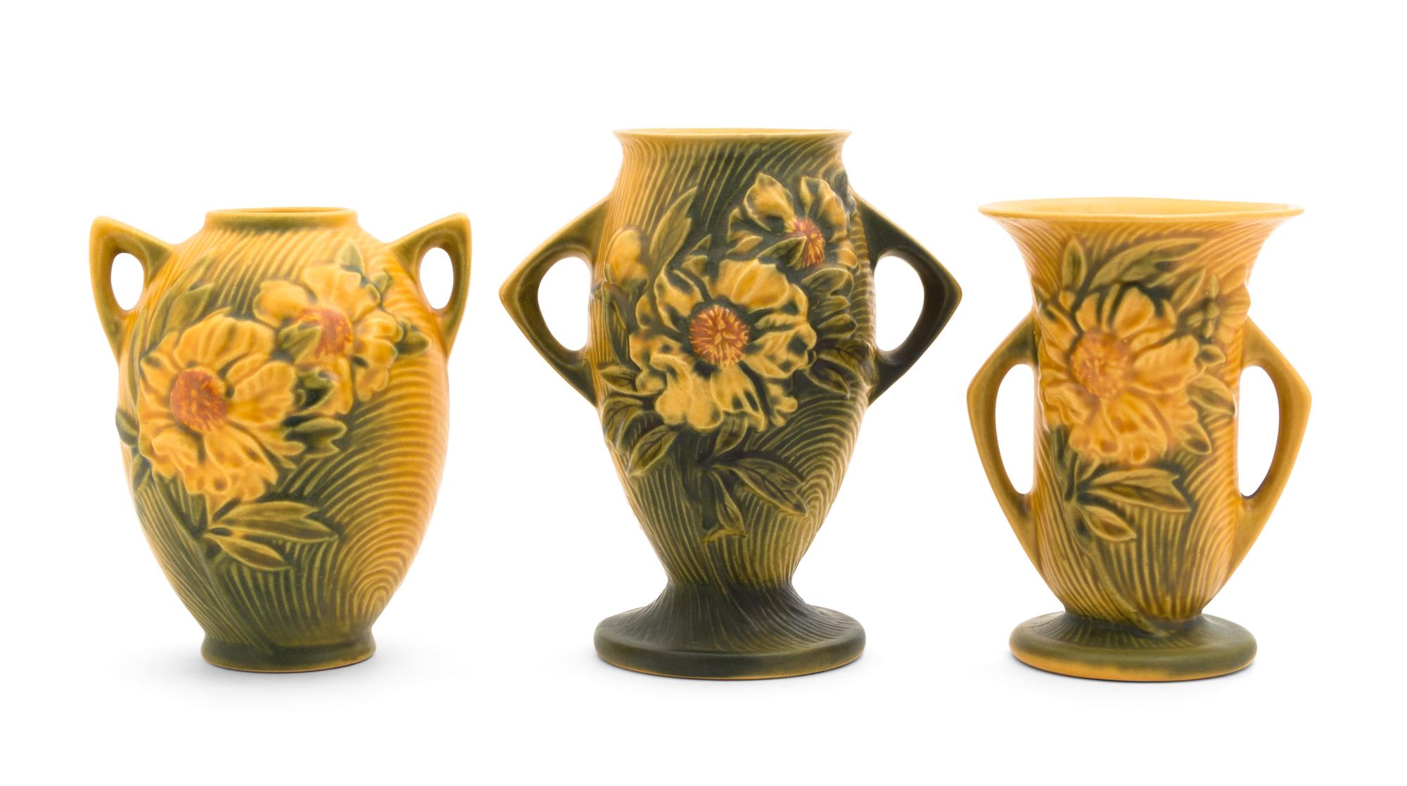 Three Roseville Peony Pottery Vases Height of tallest 7 1/4 inches.