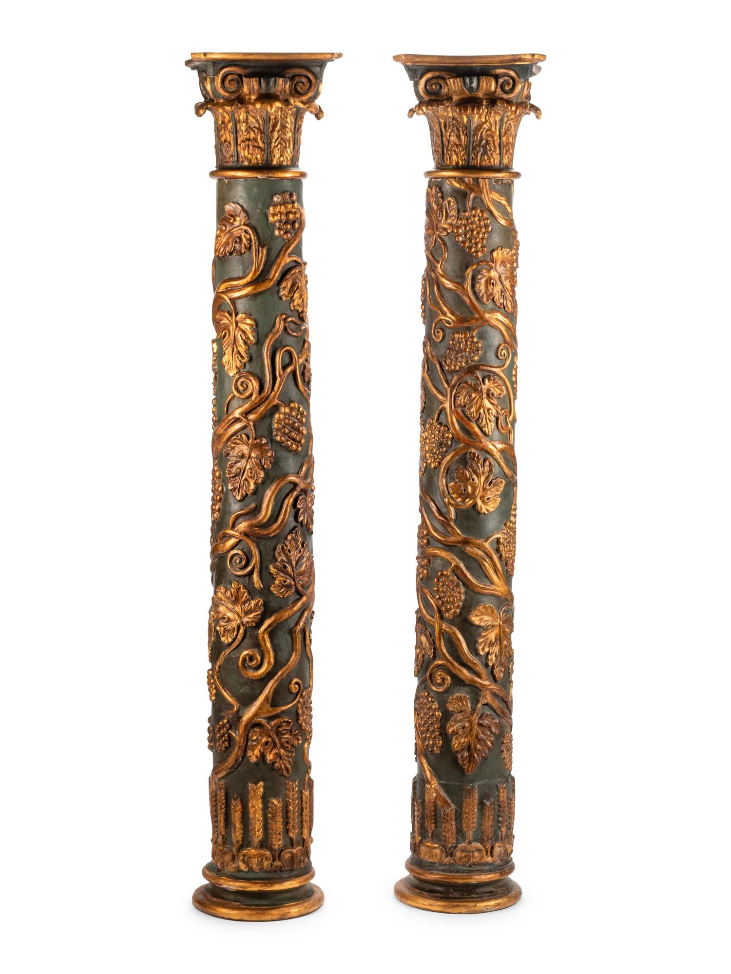 A Pair of Continental Painted and Parcel Gilt Columns