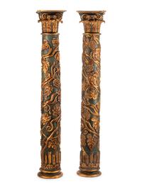 A Pair of Continental Painted and Parcel Gilt Columns