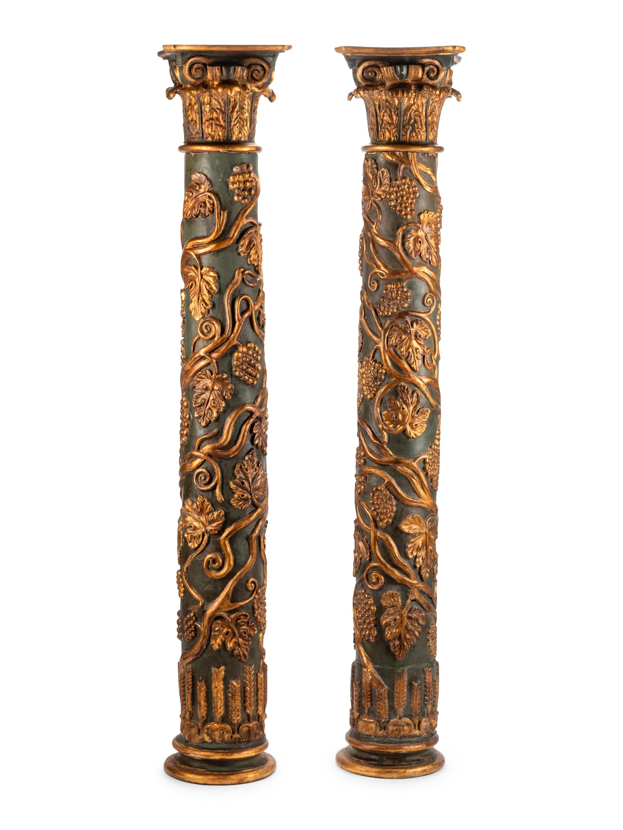 A Pair of Continental Painted and Parcel Gilt Columns