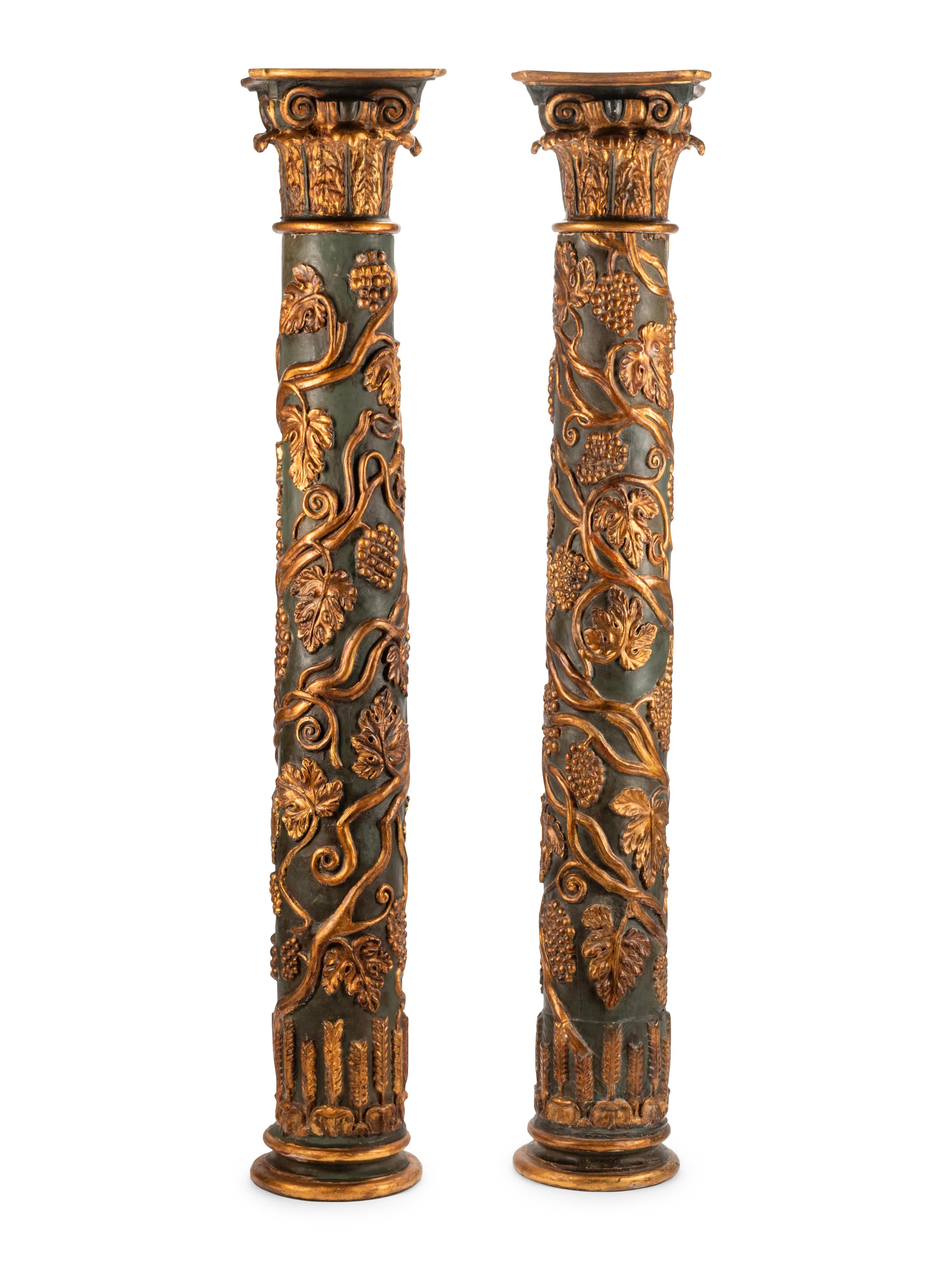 A Pair of Continental Painted and Parcel Gilt Columns