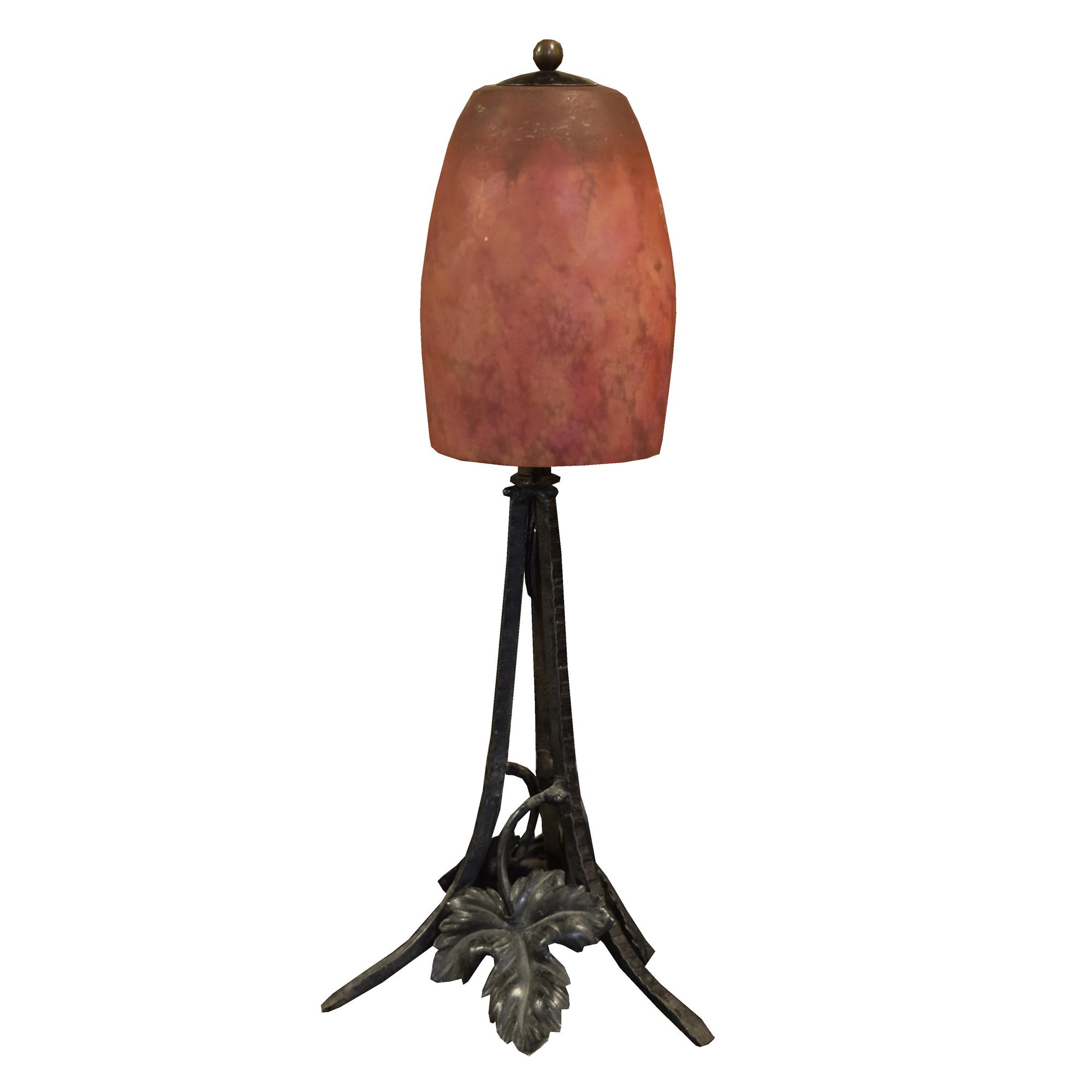 A Fer Forge Art Glass Lamp 6" W x 6" D x 14.5" H — France, Circa 1930