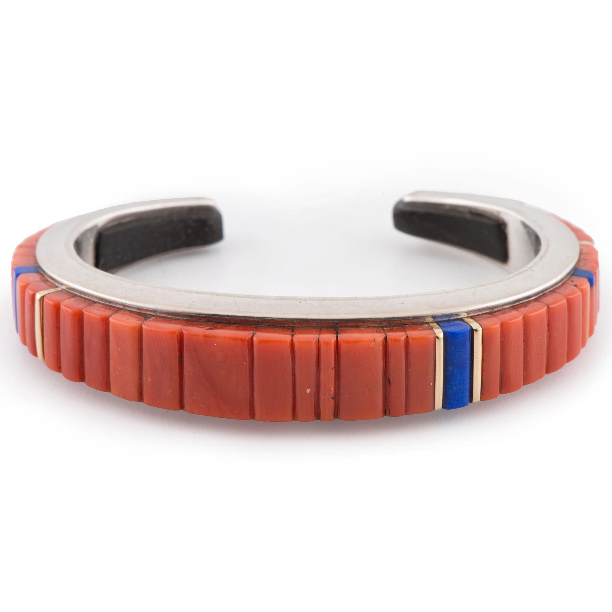 Silver, Coral, Lapis, and Ironwood Cuff Bracelet, with Gold Accents