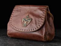 Brown Leather Drawstring Purse, with Brass Thunderbird