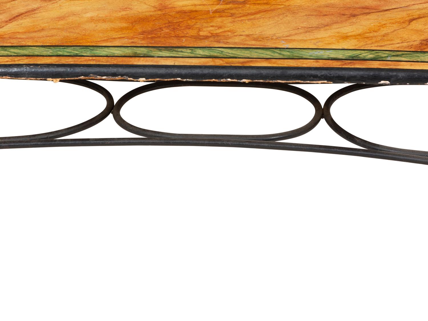 A Wrought Iron and Faux Marble Coffee Table