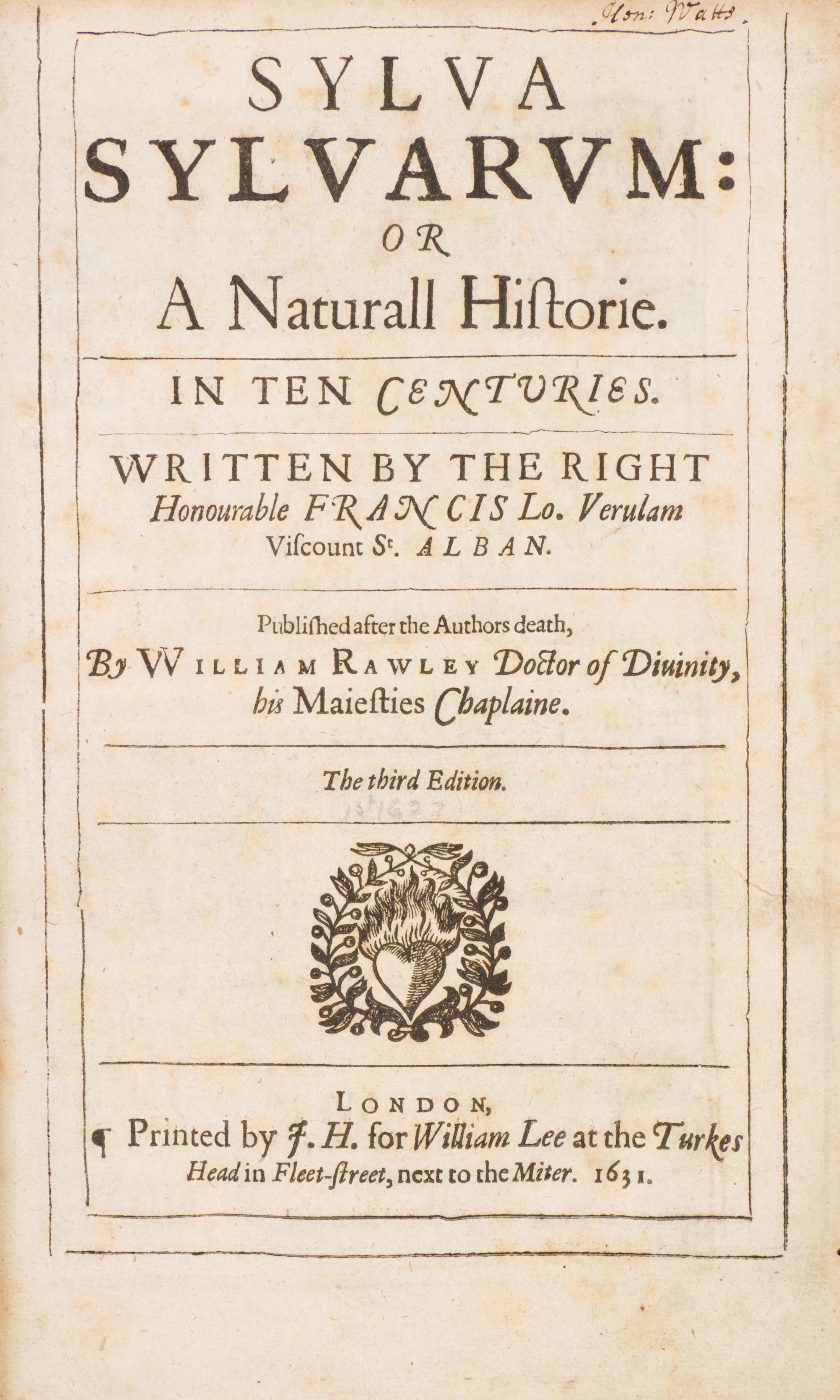 (HISTORY) BACON, FRANCIS. Sylva Sylvarum. London, 1631. Third edition.