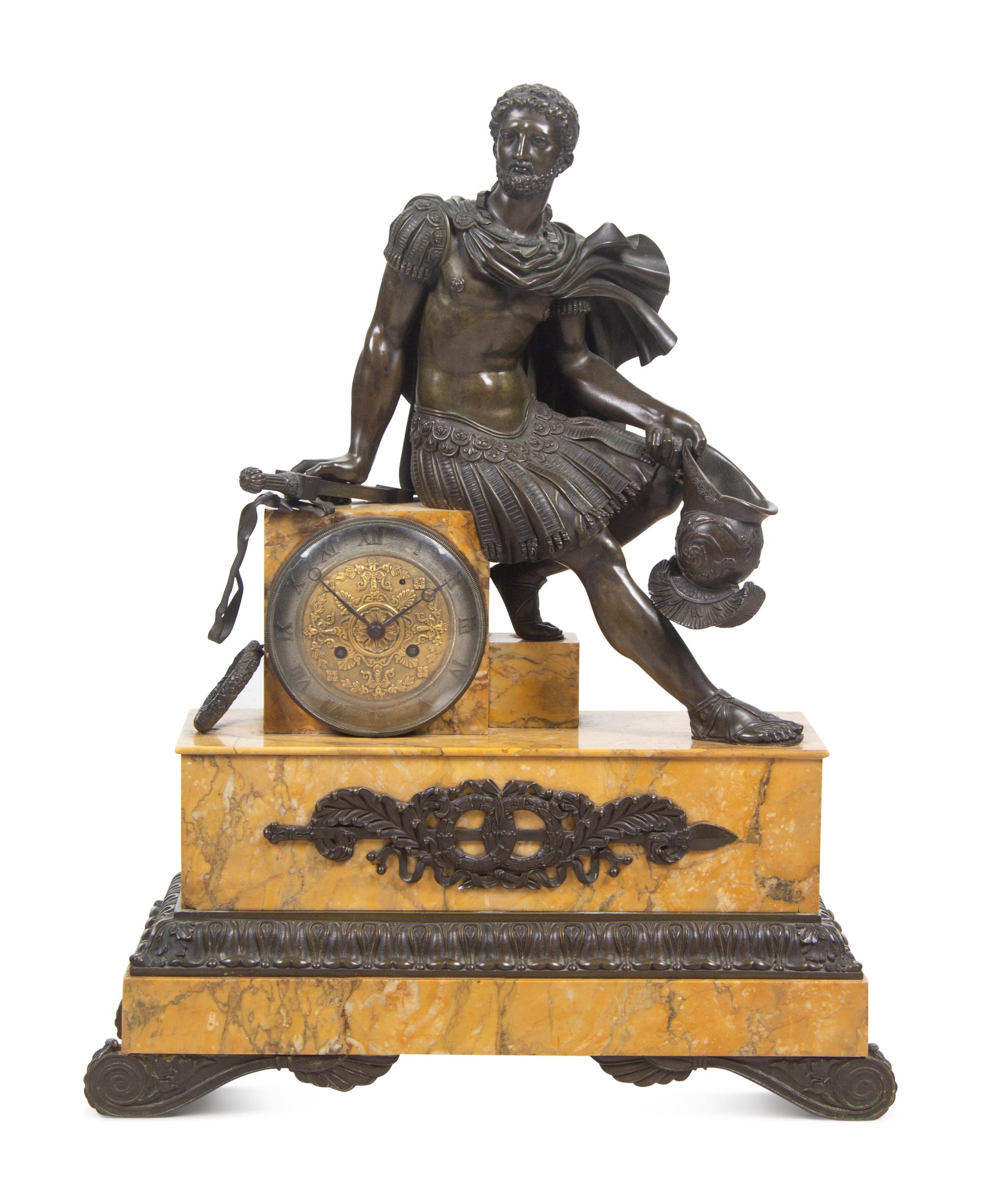 A French Patinated Bronze and Sienna Marble Mantel Clock by Honoré Pons