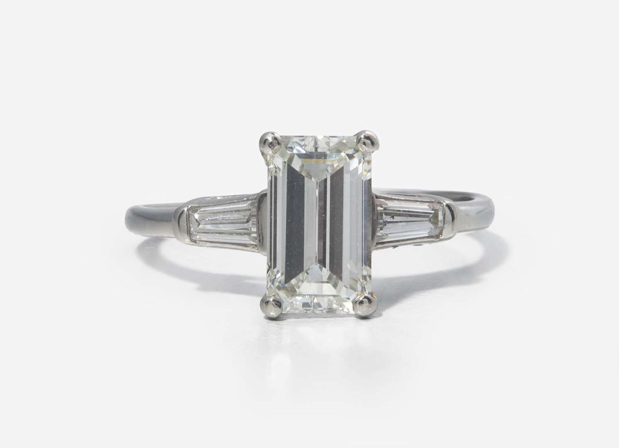 A Platinum and Diamond Ring with Ring Guards, 1.61 Carat Emerald-Cut Diamond, GIA Certified