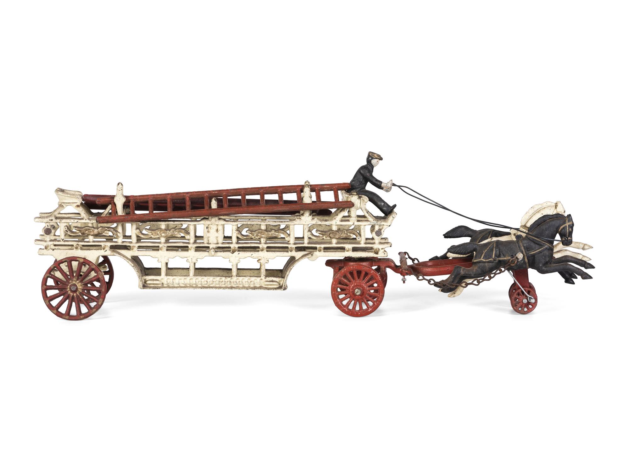 Three Painted Cast Iron Toy Horse Drawn Fire Wagons