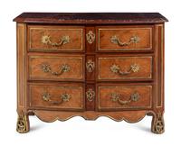 A Continental Gilt Bronze Mounted Mahogany Marble-Top Commode