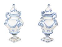 A Pair of Italian Blue and White Glazed Ceramic Covered Urns