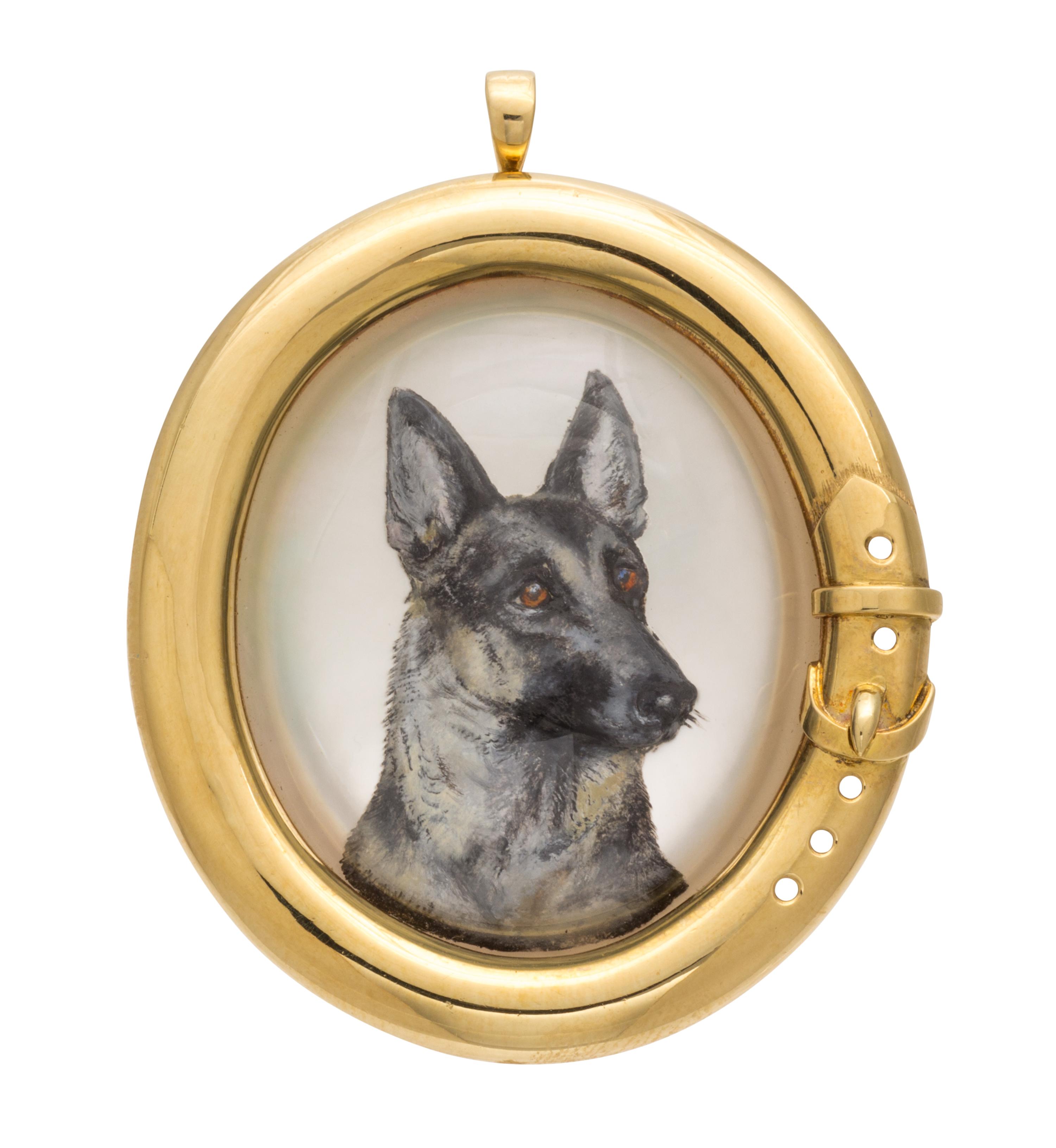 An 18 Karat Yellow Gold and Essex Crystal German Shepherd Pendant/Brooch, 12.30 dwts.