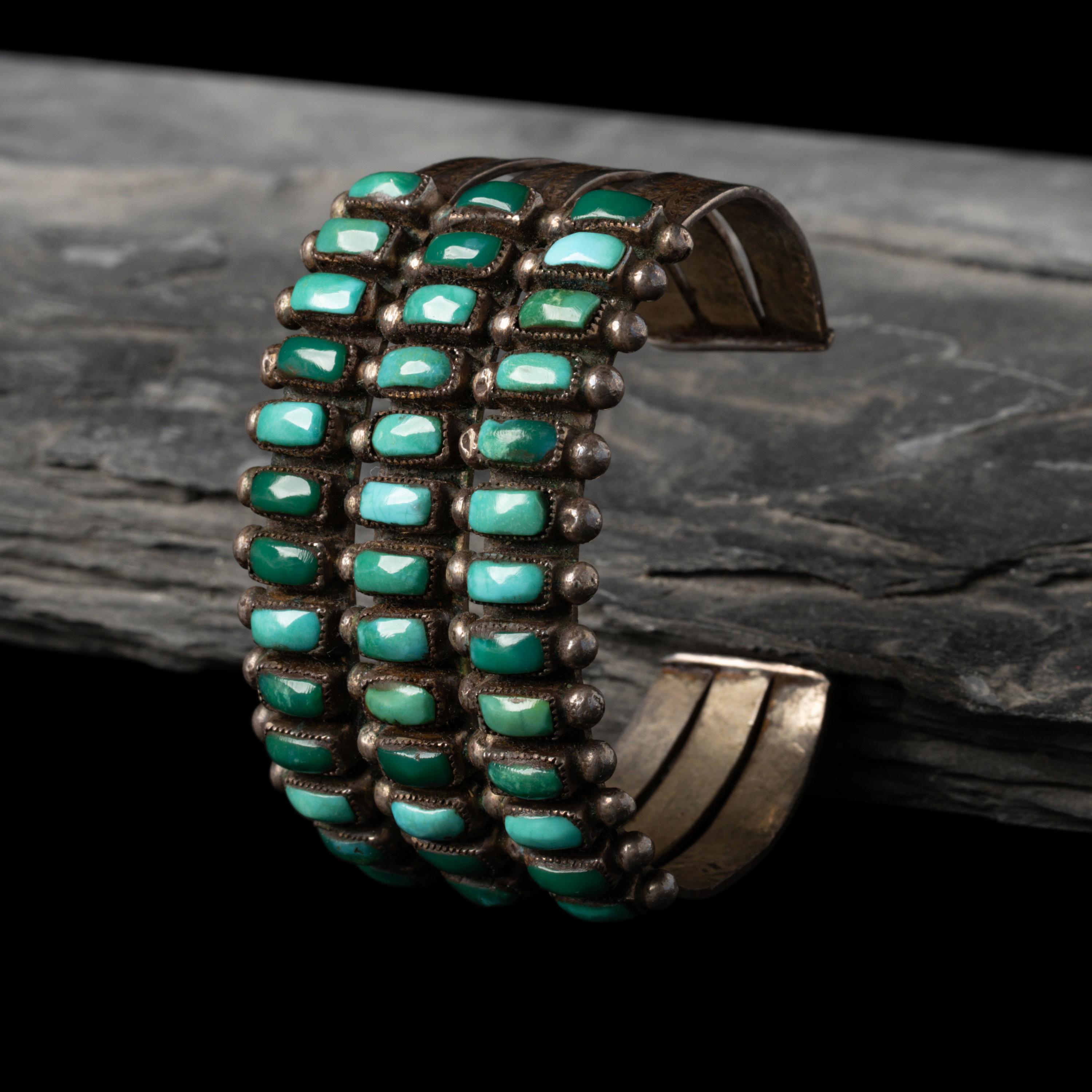 Navajo or Zuni Silver and Turquoise Cluster Cuff Bracelet